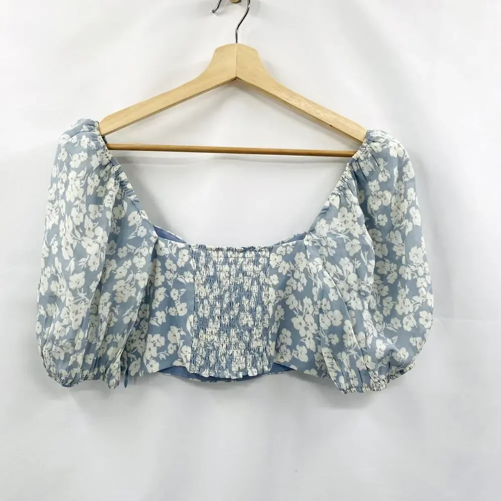 Reformation 4 Blouse Sinead Crop Top Puff Sleeve in Blue Floral